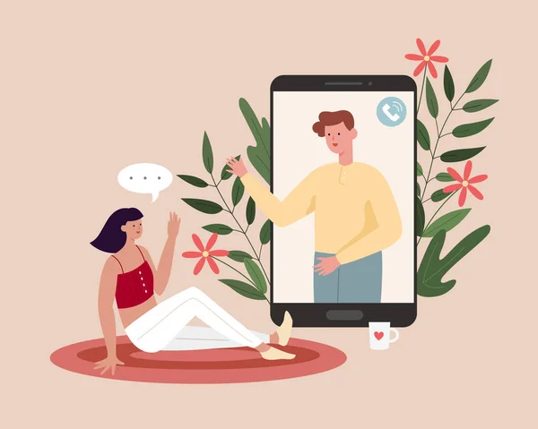 自宅に座ってビデオ通話で友人と話す女性のフラットイラスト オンラインの概念日付 — ストックベクタ