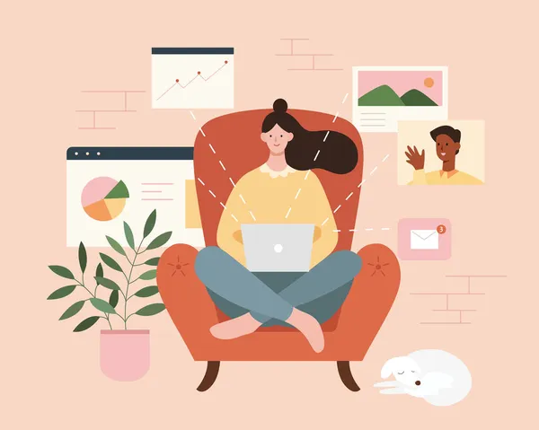 Woman Sitting Comfortably Armchair Working Laptop Home Flat Illustration Freelance — Stock Vector