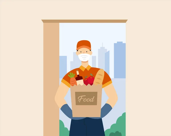 Płaska Ilustracja Usługi Dostawy Domu Zakupy Spożywcze Podczas Kwarantanny Covid — Wektor stockowy