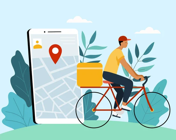 携帯電話上のGpsマップアプリケーションによる追跡宅配便のフラットイラスト 自転車による宅配サービスの概念 — ストックベクタ