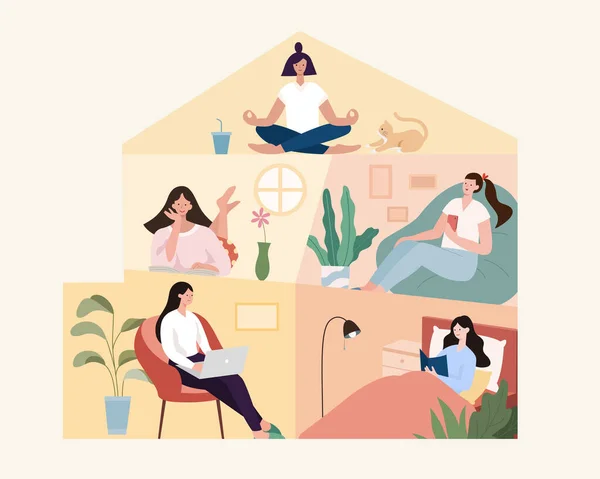 Bleiben Sie Hause Aktivität Konzept Frauen Genießen Verschiedene Aktivitäten Hause — Stockvektor