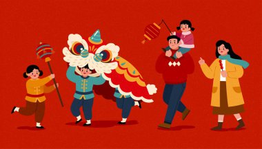 Elle çizilmiş tapınak fuarı karakteri tasarımı, aslan dansçısı ve turist ailesi de dahil..