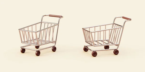 異なる角度で金属ショッピングカート ベージュ地に隔離された3D要素 — ストック写真