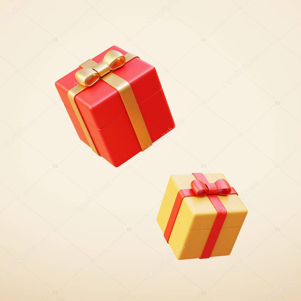 3d gift boxes wrapped with ribbon bows and floating in mid air. Holiday elements isolated on beige background