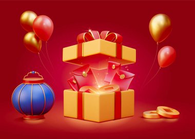 3 boyutlu Çin karikatürü yeni yıl unsurları, balonlar, fener, kırmızı zarflar ve bozuk paralar dahil. Kırmızı arkaplanda izole