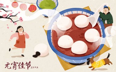 Hand drawn illustration of miniature Asian teens enjoying a bowl of warm glutinous rice balls. Winter solstice or yuan xiao cuisine. Translation: Happy lantern festival, 15th January