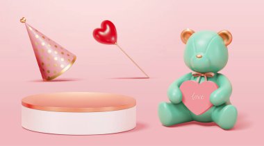 Oyuncak ayının 3 boyutlu resmi, kalp şeklinde sihirli değnek, parti şapkası ve yuvarlak podyum. Pembe arka planda izole edilmiş. Sevgililer Günü, Anneler Günü ya da doğum günü için uygun.