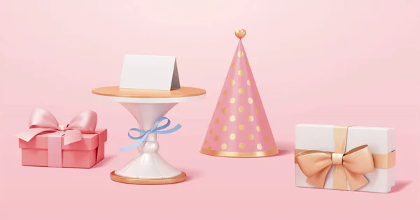 ラップされたプレゼントボックス ケーキスタンドの空白のカード パーティー帽子などの3Dピンクのロマンチックな休日のオブジェクトコレクション ピンクの背景に隔離された — ストックベクタ