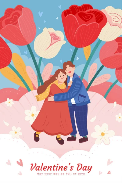 バレンタインデーのグリーティングカードデザイン 若い夫婦が大きな花を背景にお互いを受け入れます — ストックベクタ