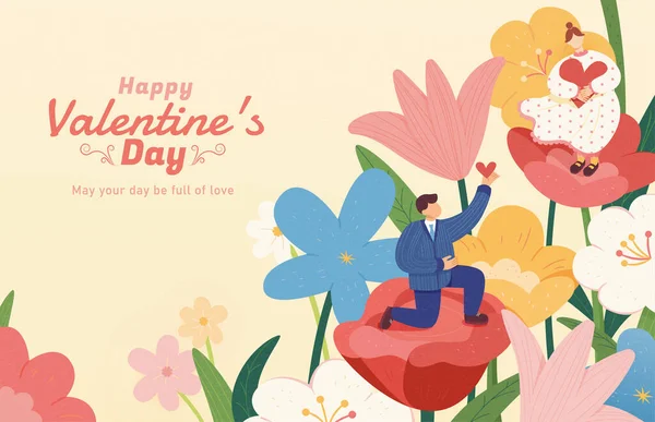 Happy Valentine Day Illustration Flat Style Miniature Man Kneeling Rose — Stock Vector