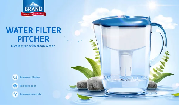 Vatten Filter Kanna Annons Mall Plast Kannan Mock Visas Krusning — Stock vektor