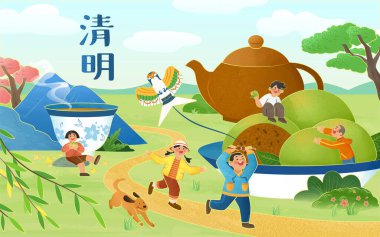 Mezar süpürme festivali posteri. Minyatür Asyalı çocuklar geleneksel bayram yemeği ve içeceği etrafında oynuyorlar. Çeviri: Qing Ming Festivali