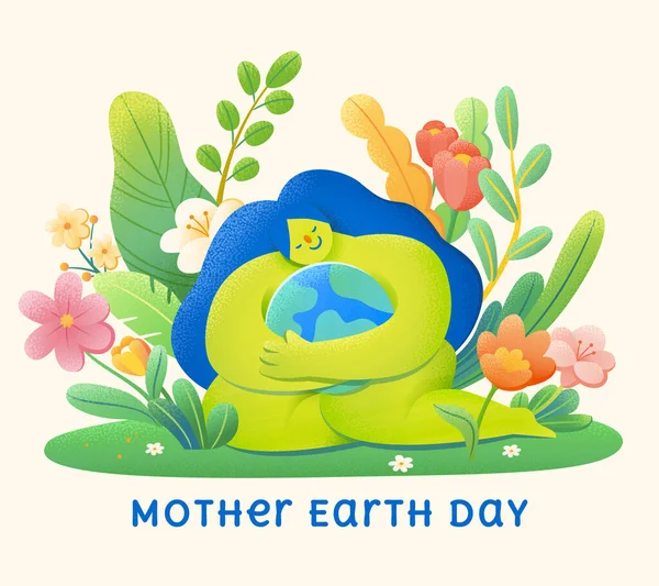 地球日或乔伯节是大自然拥抱地球并被绿色植物和花卉环绕的图例 环境保护的概念 — 图库矢量图片