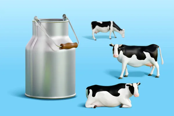 古い金属ミルク缶とミニチュア牛の3Dイラスト 青色の背景に隔離された農場関連の物体 — ストックベクタ