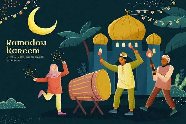 可爱的伊斯兰节日插图与年幼的孩子在街上庆祝在晚上 Hari Raya或开斋节的概念 — 图库矢量图片