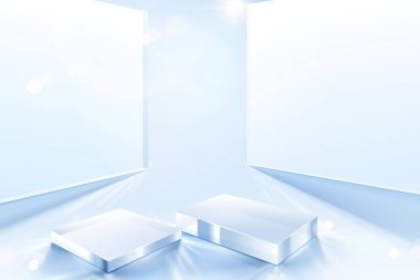 Cam küp aşamaları ve duvarları olan 3 boyutlu minimal ürün arkaplanı. Kozmetik veya sağlık ürünlerinin tanıtımı için uygundur.