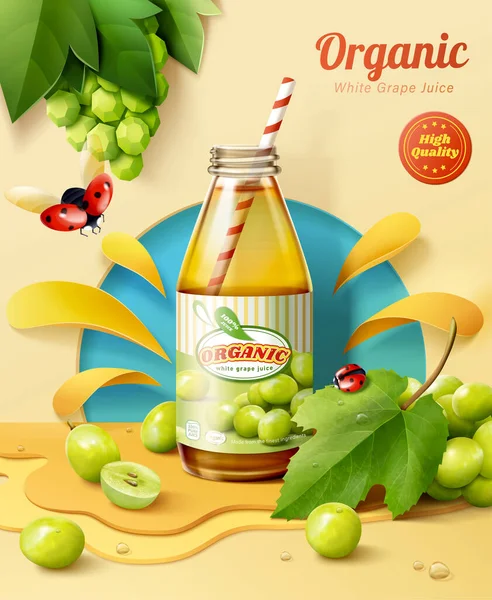 Plantilla Anuncio Jugo Uva Blanca Fresca Botella Vidrio Mostrada Papel — Vector de stock