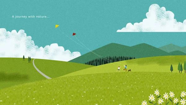 El çizimi PC duvar kağıdı tasarımı gevşetiliyor. Şirin aileler yeşil dağlarda uçurtma uçuruyorlar..