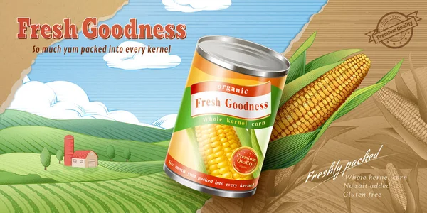 Szerves Természetes Egész Magvak Kukorica Hirdetni Sablont Bádogdoboz Mockup Gravírozás — Stock Vector