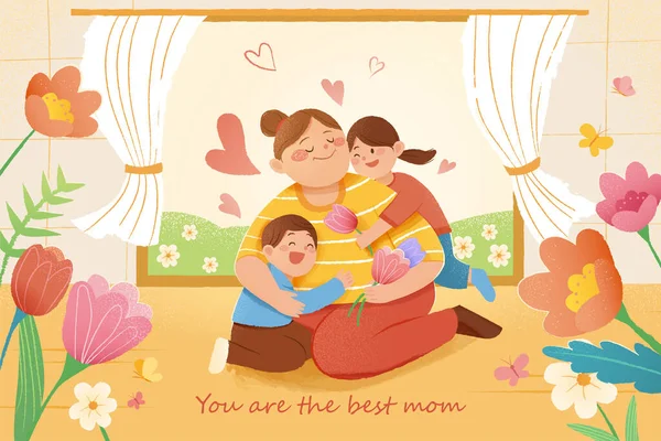 手绘了一张可爱的孩子们抱着妈妈在家里的母亲节的图画 热恋的概念 — 图库矢量图片