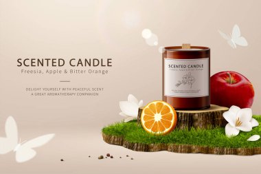 3d aromatic candle promo ad template. Candle mockup displayed on tree stump podium with orange, freesia flower and apple on grass island.