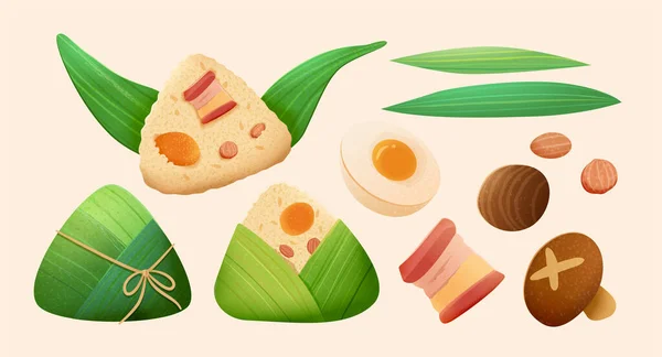 Χαριτωμένη Απεικόνιση Των Zongzi Και Των Συστατικών Των Τροφίμων Στοιχεία — Διανυσματικό Αρχείο