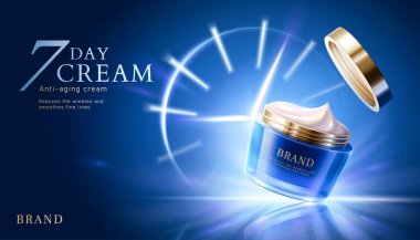 3d anti-aging or rejuvenate cosmetic cream ad template, blue glass jar mock-up with shining clock shape light in the background