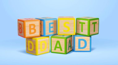 3d wooden alphabet toy blocks spelling the word best dad. Father's Day elements isolated on light blue background.