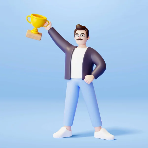 Illustration Happy Man Holding Golden Trophy Standing Proudly Concept Good — Vetor de Stock