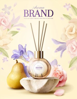 3D parfüm kamışı yayıcı reklam şablonu. Gri taş podyumda armut meyvesi ve flora süslemesiyle sergilenen cam şişe modeli..