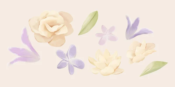 Dibujos Florales Dibujados Mano Varias Flores Aisladas Sobre Fondo Beige — Vector de stock