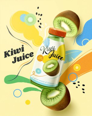 Yeşil kivi suyu reklamı. Üç boyutlu gerçekçi meyve suyu şişesi, çok renkli sıçramalar ve sarı arka planda kiwifruit kesimi.