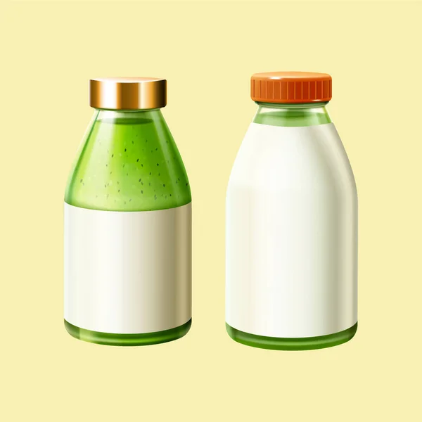 Illustration Two Green Glass Bottles Blank Labels One Metallic Cap — Vetor de Stock