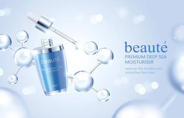 3d hydrating serum cosmetic ad template. Dropper bottle with light bokeh and crystal molecules. Concept of effective skincare formula.