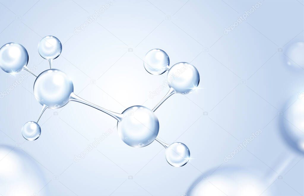 3d glass molecule or atoms on light blue background. Suitable for biochemical, pharmaceutical, beauty and other medical concept.
