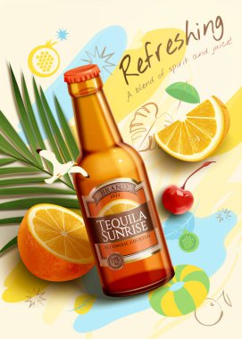 3d fruit beer or tequila sunrise ad template. Top view of brown glass bottle with palm leaf, cut oranges and colorful beach doodles. Concept of summer party.