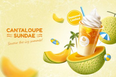 3d cantaloupe sundae ad template. Plastic takeout cup flying in the mid air with fresh cut melons and beach toys. clipart