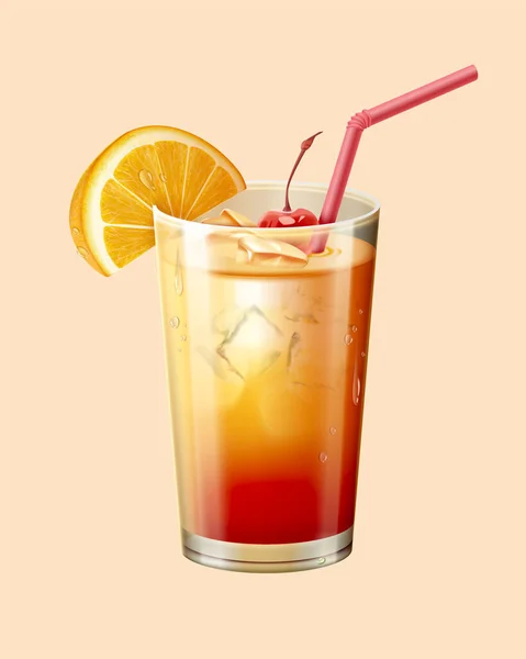 Icy Tequila Sunrise Cocktail Glass Mockup Decorated Straw Cherry Orange — Stock Vector