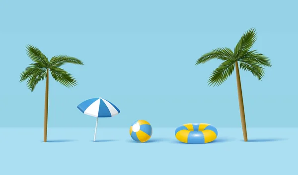 Cute Cartoon Beach Toys Including Palm Trees Umbrella Ball Swimming — Stockvector