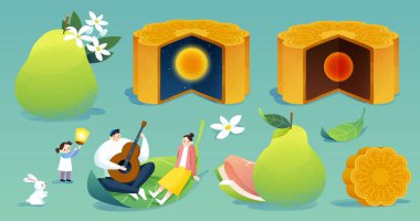 Mid autumn festival elements set. Including pomelos, one with osmanthus and the other with peeled piece. Cut and uncut mooncakes, one with full moon night filling. Family picnicking outdoor with hare.