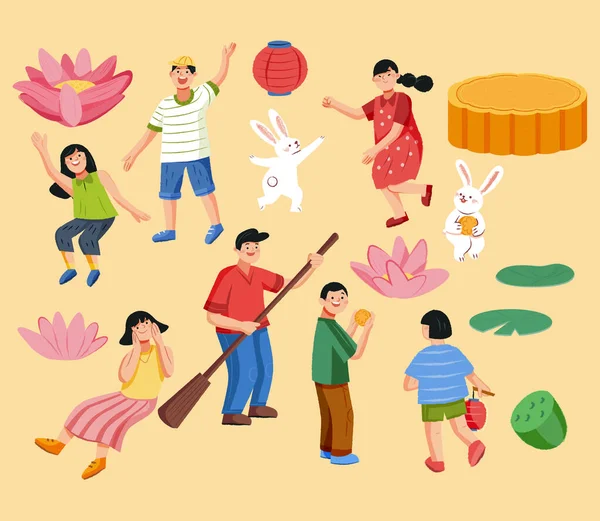 Mid Autumn Festival Elements Set Hand Drawn Illustration Asian People — Wektor stockowy