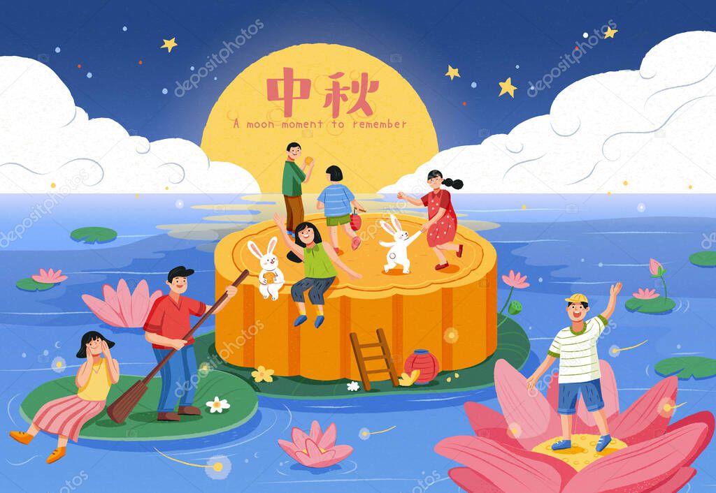 Moon Festival greeting card. Illustration of miniature people and rabbits celebrating holiday on mooncake, lotus flower and leaf on pond. Text of mid autumn written on full moon