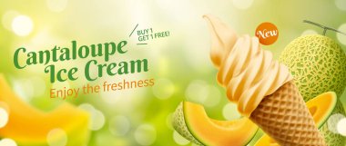 Cantaloupe ice cream ad template. 3D Illustration of orange melon fruit flavor ice cream cone on green bokeh background