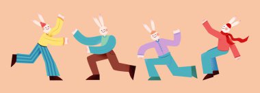 Cute cartoon rabbits in long sleeves making funny poses. Bunny characters isolated on orange background.