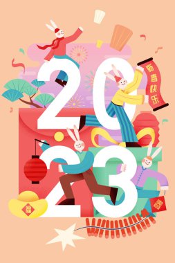 Cute cartoon CNY illustration. Cute rabbits play around 2023 number with spring festival objects. Concept of Chinese zodiac sign. Text: Happy Chinese New Year. Spring. Blessing.