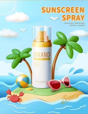 3D Sunscreen ad on isolated island. Sunblock spray on oceanic island with palm trees, beach ball, sunglass and crab on summer daytime.
