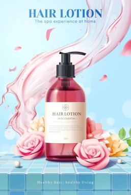 Flower scented hair lotion ad. 3D Illustration of pink dispenser bottle on blue tiled surface decorated with fresh blossom flowers and pearls. Pink liquid splashing on light blue background.