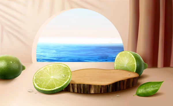 Illustration Tree Stump Stage Cut Green Lemons Light Brown Scene — Stockvector