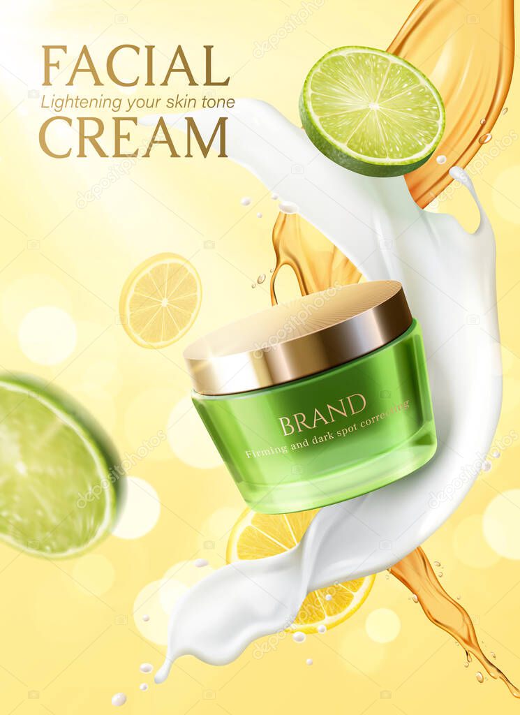 Skincare lemon cream ad. 3D Illustration of green cosmetic glass jar with splashes of creamy and lime liquid. Green and yellow lemon slices falling on bokeh background