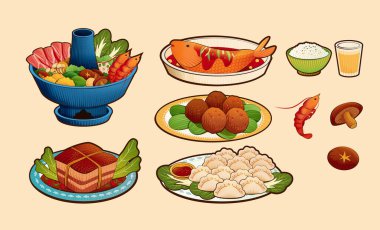 Chinese traditional reunion dinner dishes set. Illustrated hot pot, braised dongpo pork, fish, meatballs, dumplings, rice, beer, shrimp, and shiitake isolated on beige background. clipart